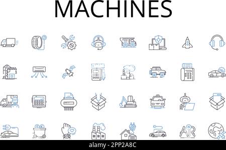 Collezione di icone della linea delle macchine. Gearworks, Automaton, meccanismi, contrazioni, robotica, Motori, apparati vettoriali e lineari Illustrazione Vettoriale