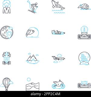 Avventura turismo icone lineari set. Spedizione, Trekking, Canoismo, Rafting, Alpinismo, Safari, vettore di linea di arrampicata e segnali concettuali Illustrazione Vettoriale