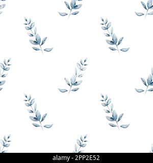 acquerello floreale e foglie senza cuciture motivo. Fogliame senza cuciture motivo di rami blu con foglie, acquerello illustrazione floreale su bianco Foto Stock