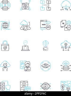 Set di icone lineari per furto di identità. Truffa, frode, phishing, vittima, criminalità informatica, Hack, vettore di linea rubato e segnali di concetto. Privacy,violazione,uso improprio Illustrazione Vettoriale