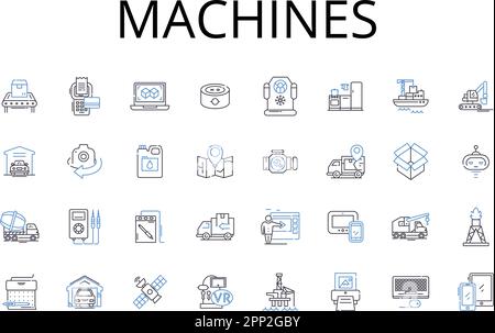 Collezione di icone della linea delle macchine. Gearworks, Automaton, meccanismi, contrazioni, robotica, Motori, apparati vettoriali e lineari Illustrazione Vettoriale