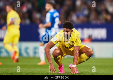 Cornellà de Llobregat, Spagna. 21st Apr 2023. Chris Ramos di Cadice CF Credit: Saolab/Alamy Live News Foto Stock