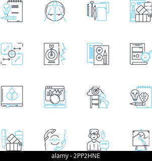 Set di icone lineari per la gestione del marchio. Reputazione, identità, percezione, consapevolezza, coerenza, Fedeltà, vettore di linea di fiducia e segnali di concetto Illustrazione Vettoriale