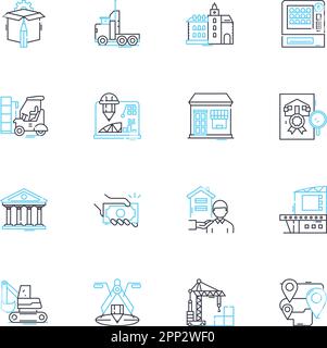 Set di icone lineari per imprese edili. Ristrutturazione, scavo, fondazione, demolizione, Falegnameria, Impianti idraulici, linee elettriche vettoriali e segnaletica concettuale Illustrazione Vettoriale