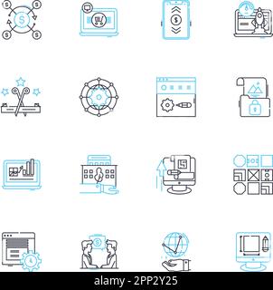 Set di icone lineari per la pianificazione industriale. Previsione, strategia, analisi, produzione, ottimizzazione, Sviluppo, vettore di linea di innovazione e segnali concettuali Illustrazione Vettoriale