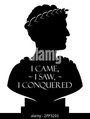 Busto statua di Cesare con me venuto, ho visto, ho conquistato frase. Illustrazione vettoriale silhouette isolata su sfondo bianco. Illustrazione Vettoriale