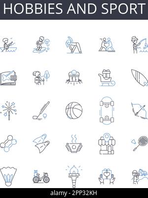 Hobby e collezione di icone linea sport. Passatempo, attività ricreative, interessi, divertimenti, Deviazioni, Extracurricular Illustrazione Vettoriale