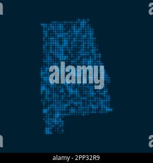 Mappa luminosa punteggiata dell'Alabama. Forma dello stato degli Stati Uniti con lampadine luminose blu. Illustrazione vettoriale. Illustrazione Vettoriale