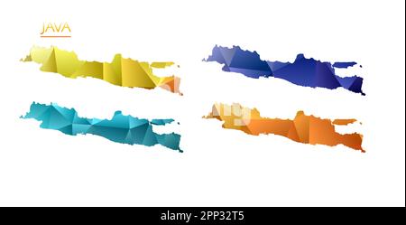 Set di mappe vettoriali poligonali di Java. Mappa a gradiente luminoso dell'isola in basso stile poly. Mappa Java multicolore in stile geometrico per le infografiche. Illustrazione Vettoriale