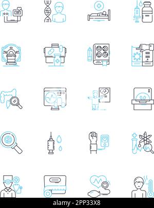 Set di icone lineari per applicazioni cliniche. Diagnosi, trattamento, terapia, intervento, farmacologia, Immunologia, vettore di linea radiologia e segnali concettuali Illustrazione Vettoriale