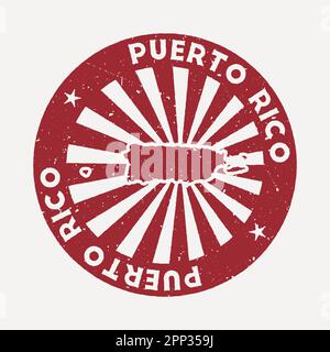 Francobollo di Porto Rico. Timbro di gomma rosso di viaggio con la mappa del paese, illustrazione vettoriale. Può essere utilizzato come insegna, logotipo, etichetta, adesivo o badge di Illustrazione Vettoriale