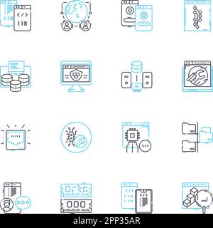 Set di icone lineari per la tecnologia online. Internet, Sito Web, browser, codifica, social network, Nerk, vettore di linea di gioco e segnali di concetto. Sicurezza informatica, e-commerce Illustrazione Vettoriale