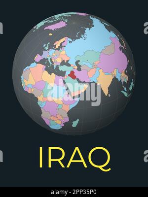 Mappa del mondo incentrata sulla Repubblica dell'Iraq. Paese evidenziato in rosso. Visione satellitare del mondo incentrata sul paese con il nome. Illustrazione vettoriale. Illustrazione Vettoriale