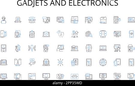 Collezione di icone della linea GADJETS ed elettronica. Innovazione, tecnologia, avviamento, imprenditorialità, digitalizzazione, Connettività, vettore di commerciabilità Illustrazione Vettoriale