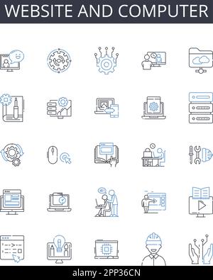Collezione di icone di linea di computer e siti Web. Sito Web, pagina Web, piattaforma online, sito Internet, spazio virtuale, Cyber Portal, Digital Destination Vector Illustrazione Vettoriale
