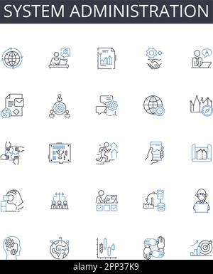 Raccolta di icone della riga di amministrazione del sistema. Gestione Nerk, sicurezza informatica, supporto IT, gestione utenti, analisi dei dati, Cloud computing, progetto Illustrazione Vettoriale