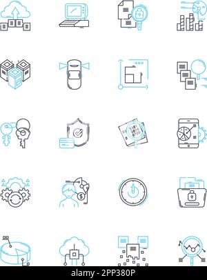 Set di icone lineari per la protezione dei dati. Crittografia, privacy, sicurezza informatica, GDPR, conformità, Backup, vettore di linea sensibile e segnali concettuali. Firewall Illustrazione Vettoriale