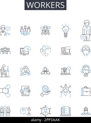 Collezione di icone della linea Workers. Dipendenti, personale, lavoratori, operatori, personale, Colleghi, colleghi, figure vettoriali e lineari. Associati Illustrazione Vettoriale