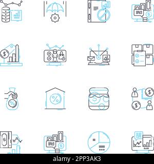 Set di icone lineari per la valutazione finanziaria. Budget, analisi, valutazione, previsione, pianificazione, Rischio, vettore di linea di valutazione e segnali concettuali Illustrazione Vettoriale