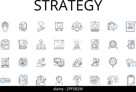 Raccolta di icone della linea di strategia. Piano, tattica, approccio, Schema, Blueprint, Metodo, vettore di procedura e illustrazione lineare. Manovra,Agenda,piano di gioco Illustrazione Vettoriale