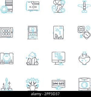 Set di icone lineari del settore di sviluppo del gioco. Codice, Grafica, animazione, progettazione, Framework, Debug, vettore di linea Unity e segnali concettuali. Irreale, gioco Illustrazione Vettoriale