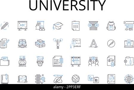 Collezione di icone della linea universitaria. College, Scuola, Accademia, Istituto, Politecnico, Conservatorio, Seminario vettoriale e illustrazione lineare. Palestra Illustrazione Vettoriale