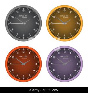 Orologio a parete isolato su sfondo bianco. Set di mock-up a colori. Modello vettoriale per la progettazione Illustrazione Vettoriale