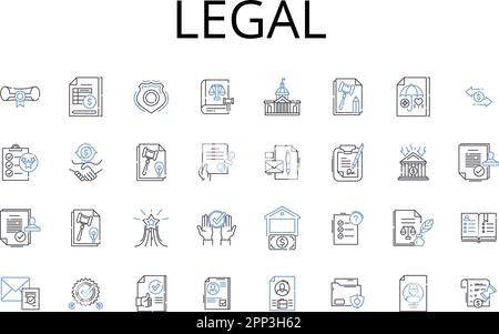 Raccolta di icone di linea legale. Legale, autorizzato, legittimo, valido, consentito, Illustrazione vettoriale e lineare ammissibile. Documentato Illustrazione Vettoriale