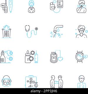 Set di icone lineari per il settore sanitario remoto. TeleHealth, Telemedicina, Assistenza sanitaria virtuale, e-Health, Teleconsulto, Monitoraggio remoto, linea di teleterapia Illustrazione Vettoriale