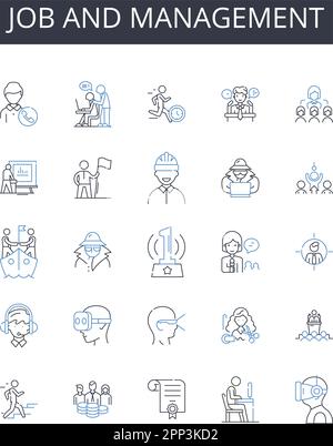 Raccolta delle icone della riga di gestione e dei lavori. Business e leadership, lavoro e supervisione, Carriera e coordinamento, occupazione e direzione, occupazione Illustrazione Vettoriale