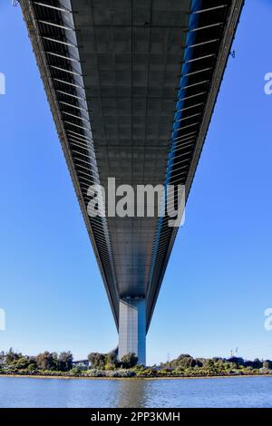 Parte inferiore in cemento della Westgate Freeway, Westgate Bridge, Suspension, Flags, Blue Sky, Melbourne, Victoria Victoria, Australia Foto Stock