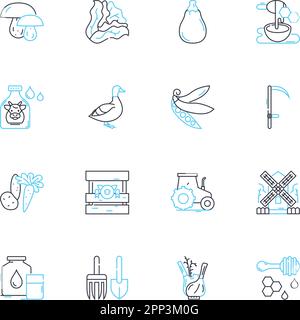 Set di icone lineari per ingegneria agricola. Irrigazione, suolo, raccogliendo, raccolto, trattore, Prodotti lattiero-caseari, linee di produzione e segnali concettuali. Irrigatore Illustrazione Vettoriale