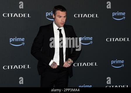 Roma, Italia. 21st Apr, 2023. Fedez partecipa alla prima serie televisiva della Cittadella a Roma. Credit: SOPA Images Limited/Alamy Live News Foto Stock