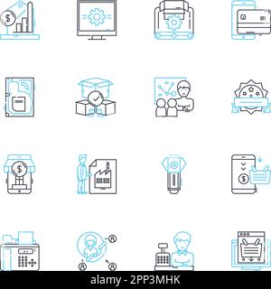 Set di icone lineari per la supervisione della comunità. Responsabilità, trasparenza, esclusività, equità, giustizia, Empowerment, vettore di linea di collaborazione e concetto Illustrazione Vettoriale