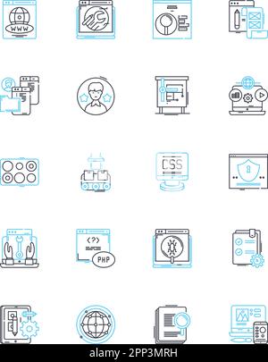 Set di icone lineari per l'ottimizzazione dei processi. Efficienza, semplificazione, produttività, automazione, eliminazione, Integrazione, vettore di linea di minimizzazione e. Illustrazione Vettoriale