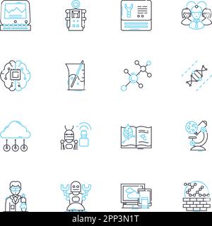 Set di icone lineari per macchinari innovativi. Automazione, robotica, precisione, all'avanguardia, futuristica, Segnali vettoriali e concettuali avanzati ed efficienti Illustrazione Vettoriale
