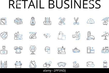 Collezione di icone della linea di business retail. Commercio all'ingrosso, industria dell'abbigliamento, Servizio alimentare, mercato online, e-commerce, Settore alberghiero, cliente Illustrazione Vettoriale