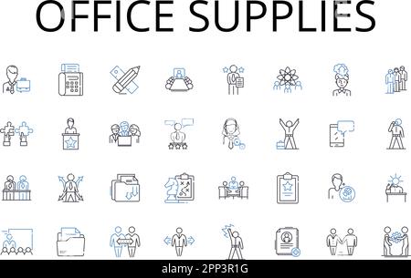 Raccolta delle icone delle linee dei materiali di consumo per ufficio. Articoli per lo statiry, strumenti aziendali, elementi essenziali per il lavoro, materiali per la scrittura, accessori per desktop, Articoli di carta, scrivania Illustrazione Vettoriale