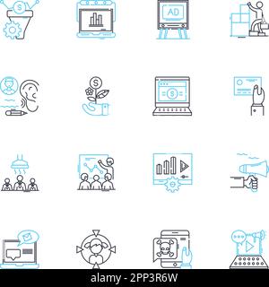 Set di icone lineari per agenzie PR. Media, reputazione, crisi, Comunicazioni, strategia, Marcare a caldo, vettore di linea di vendita e segni di concetto. Pubblicità Illustrazione Vettoriale