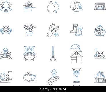 Collezione icone linea Arboretum & Flora. Botanica, Habitat, Fogliame, coltivazione, orticoltura, Nurture, Wildlife vettoriale e illustrazione lineare Illustrazione Vettoriale
