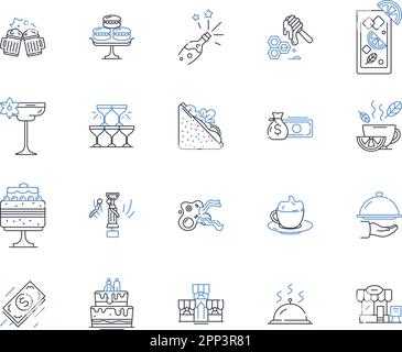 Collezione icone linea industria cinematografica. Cinema, Hollywood, produzione cinematografica, Blockbuster, Indie, Regia, Produttore vettore e illustrazione lineare Illustrazione Vettoriale