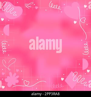 Rosa Romantic Blurry Mesh Gradient Abstract Square Banner sfondo con Copy Space e Kawaii Y2K elementi disegnati a mano - linea liscia e arrotondata Illustrazione Vettoriale