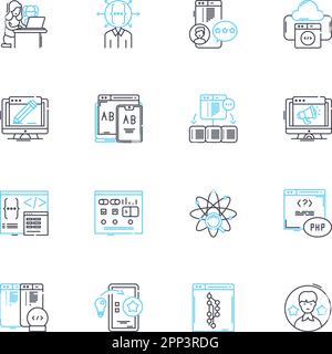 Set di icone lineari per computer mainframe. Legacy, centralizzato, durevole, potente, resiliente, Inflessibile, vettore di linea gerarchico e segnali concettuali Illustrazione Vettoriale