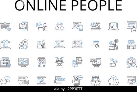 Raccolta icone linea persone online. Cittadini digitali, utenti Internet, Cyber populace, pubblico Web, comunità virtuale, Netizens, vettore di gente in linea Illustrazione Vettoriale