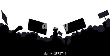 Silhouette di folla multidinosa con pugno in rilievo, striscioni e cartelloni su sfondo bianco. Illustrazione Vettoriale