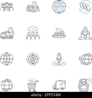 Raccolta di icone delle linee delle operazioni transfrontaliere. Internazionale, dogane, frontiere, logistica, commercio, Trasporto, vettore di migrazione e illustrazione lineare Illustrazione Vettoriale