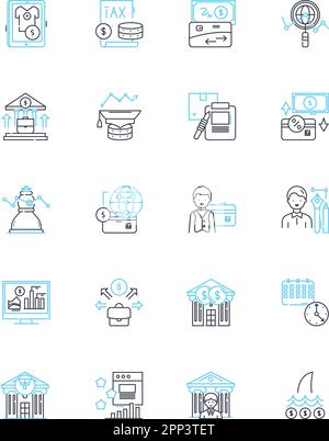 Icone lineari della politica fiscale. Bilancio, disavanzo, avanzo, tassazione, spesa pubblica, Ricavi, vettore di inflazione e segnali concettuali. Economico Illustrazione Vettoriale