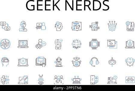 Collezione di icone di linea geek nerds. Brainiacs, Savants, technophiles, intellects, cognoscenti, Brainy mazzo, Know-it-alls vettore e illustrazione lineare Illustrazione Vettoriale