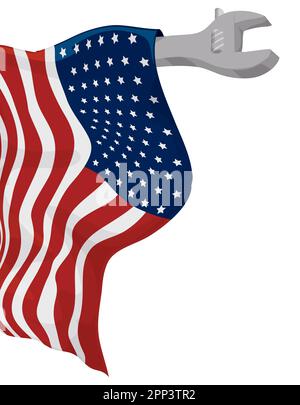 Chiave regolabile con bandiera americana appesa ad essa in stile cartoon su sfondo bianco. Illustrazione Vettoriale