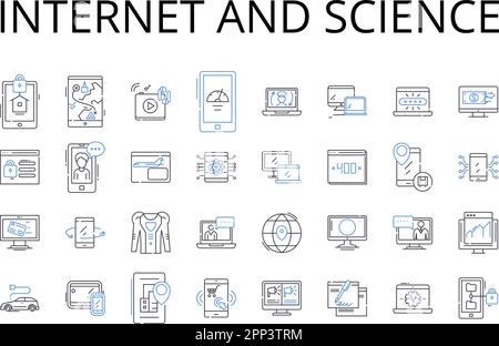 Internet e la collezione di icone della linea scientifica. Nternet, Web, Net, Cyberspace, Online, Digital World, Information superhighway vettoriale e lineare Illustrazione Vettoriale